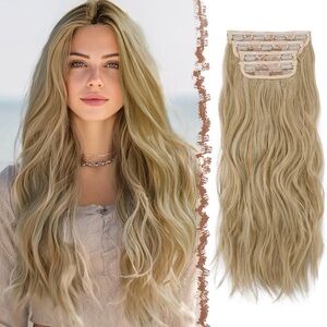24" Mixed Blonde Hair Extensions Clip In Blonde Hair Pieces Wavy Natural Long